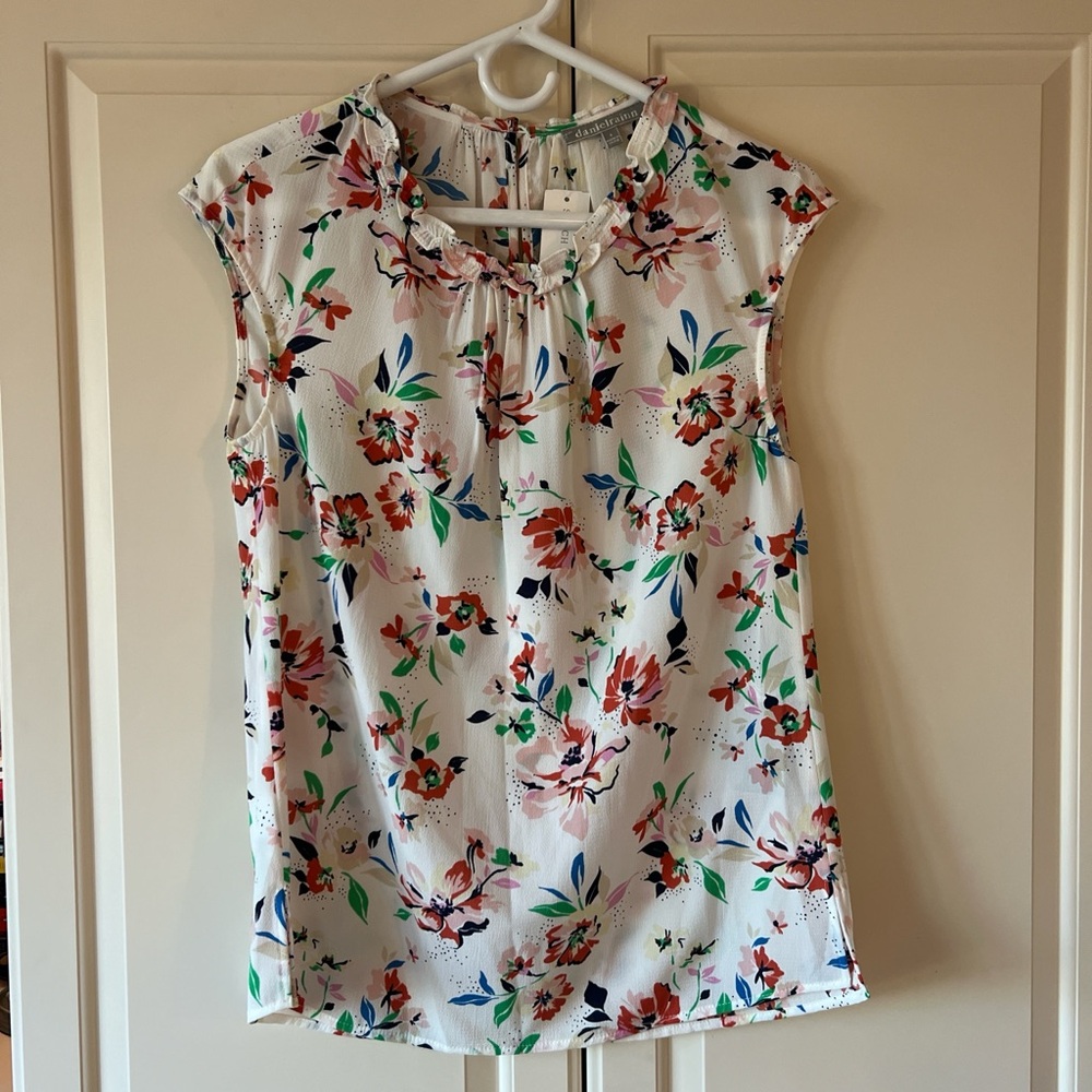 Floral Ruffle Neck Sleeveless Blouse - White/Multi
